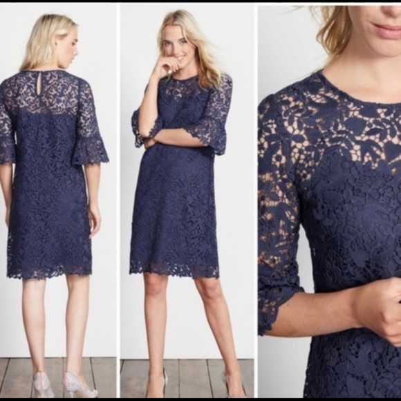 Boden Navy Blue Lace Bell Sleeve Shift Dress - Picture 3 of 6